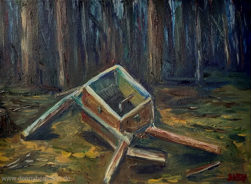 Foto des Gemäldes "Holzkiste im Wald" von Danny Hermann.