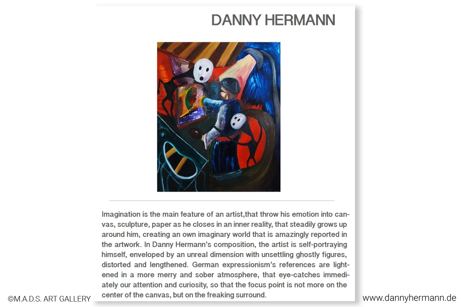 Die Seite des bildenden Künstlers Danny Hermann, aus Dresden, im Ausstellungskatalog der M.A.D.S. ART GALLERY.