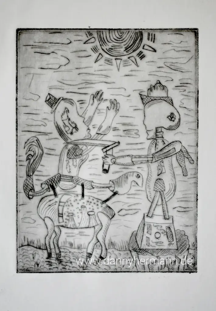 Der Ritt ins Verderben, Danny Hermann, Radierung auf Handgeschöpftes Papier, 35x25cm, 2014