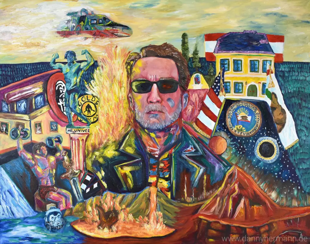 Dieses Kunstwerk zeigt das Leben von Arnold Schwarzenegger.