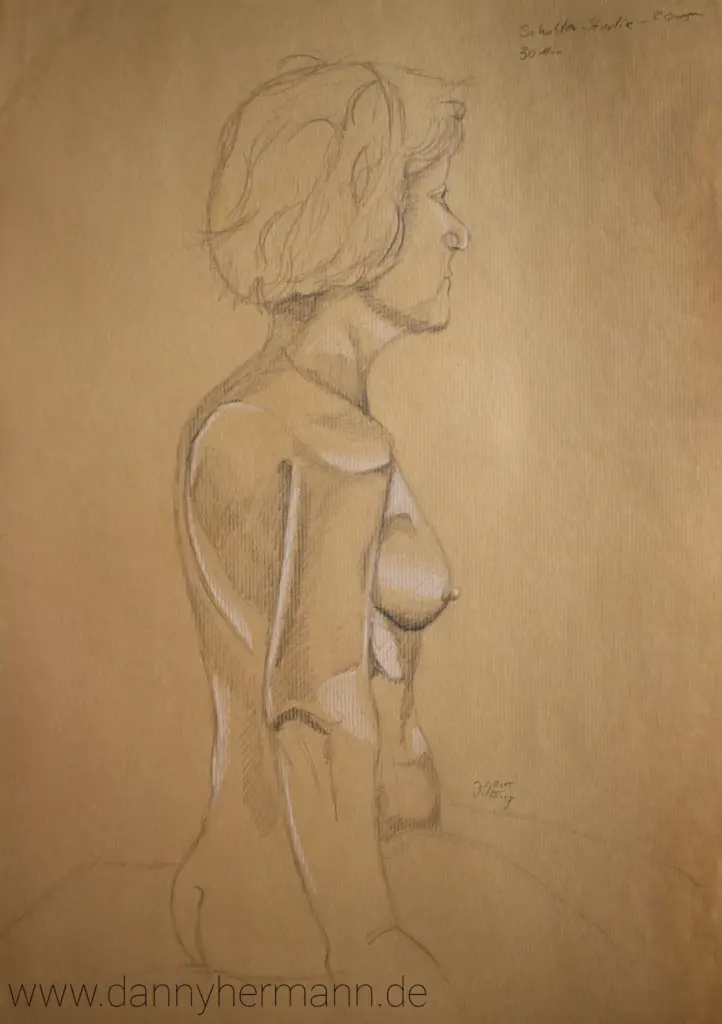 Akt weiblich sitzend, Danny Hermann, Graphitstift auf Kraftpapier, 2015