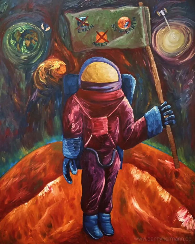 Ein Kunstwerk von Danny Hermann, welches einen Astronauten zeigt, welcher auf einer "New Earth" steht, nachdem die Erde und der Mars ausgebeutet wurden.