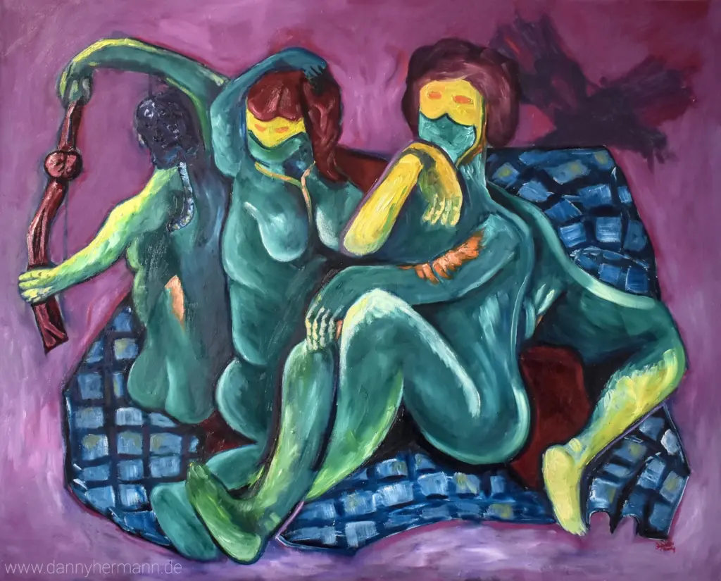 Das Gemälde zeigt vier Frauen auf einem Tuch.