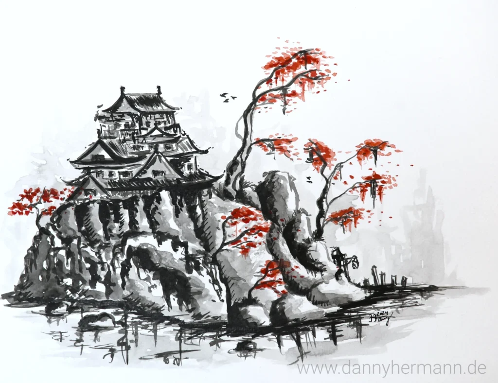 Burg Ōsaka auf einem Berg, Tusche auf Papier, 24x32cm, 2024, Danny Hermann