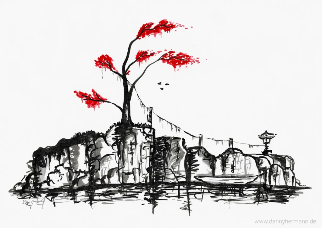 Japanische Insel, Tusche auf Papier, 24x32cm, 2025, Danny Hermann